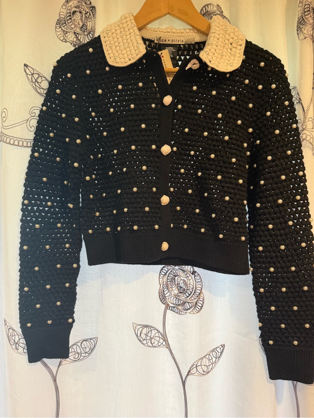 Alice + Olivia Collins Crochet Pearl Cardigan Black Soft White S NWT $595 Wool